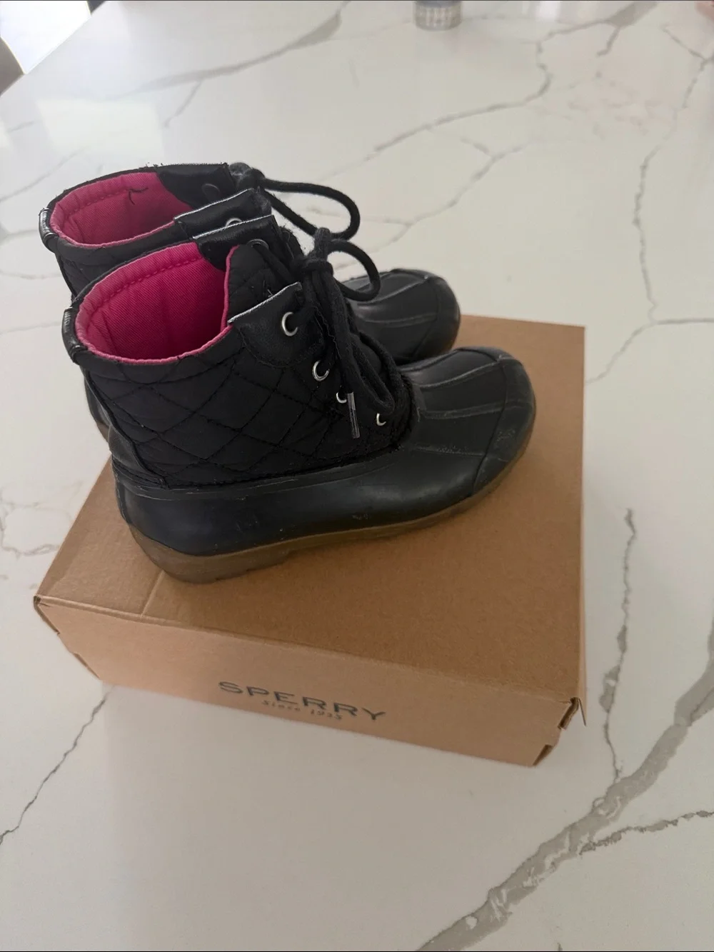 Sperry Kids Black Rain Boots with Pink Lining, Size 1